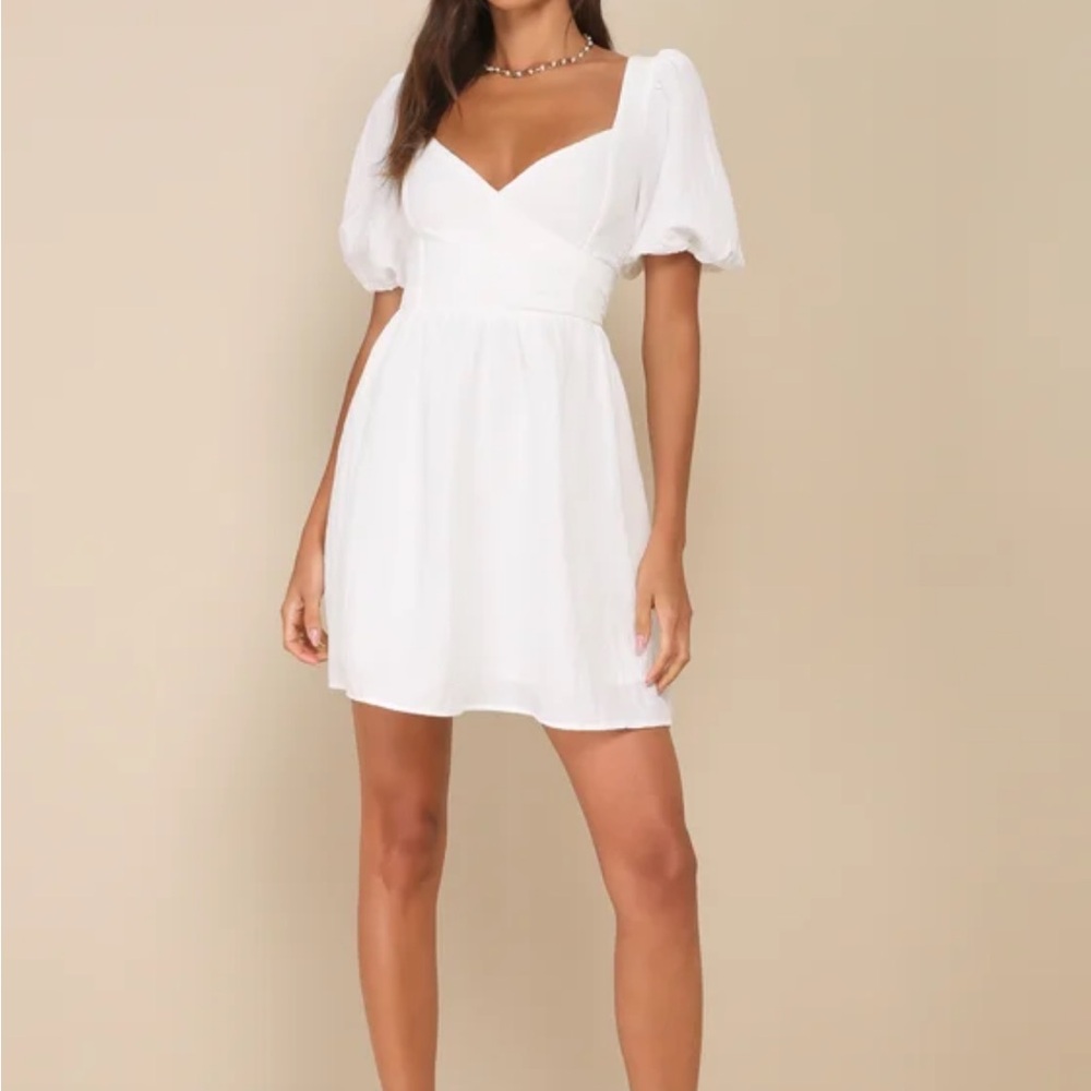 Little Bit In Love White Surplice Puff Sleeve Mini Dress size M NWT